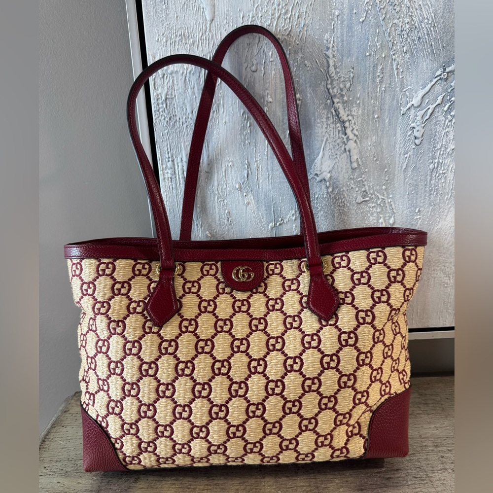 Gucci Ophidia Medium Leather/Straw GG Tote Bag Cherry Red New & Dust Bag